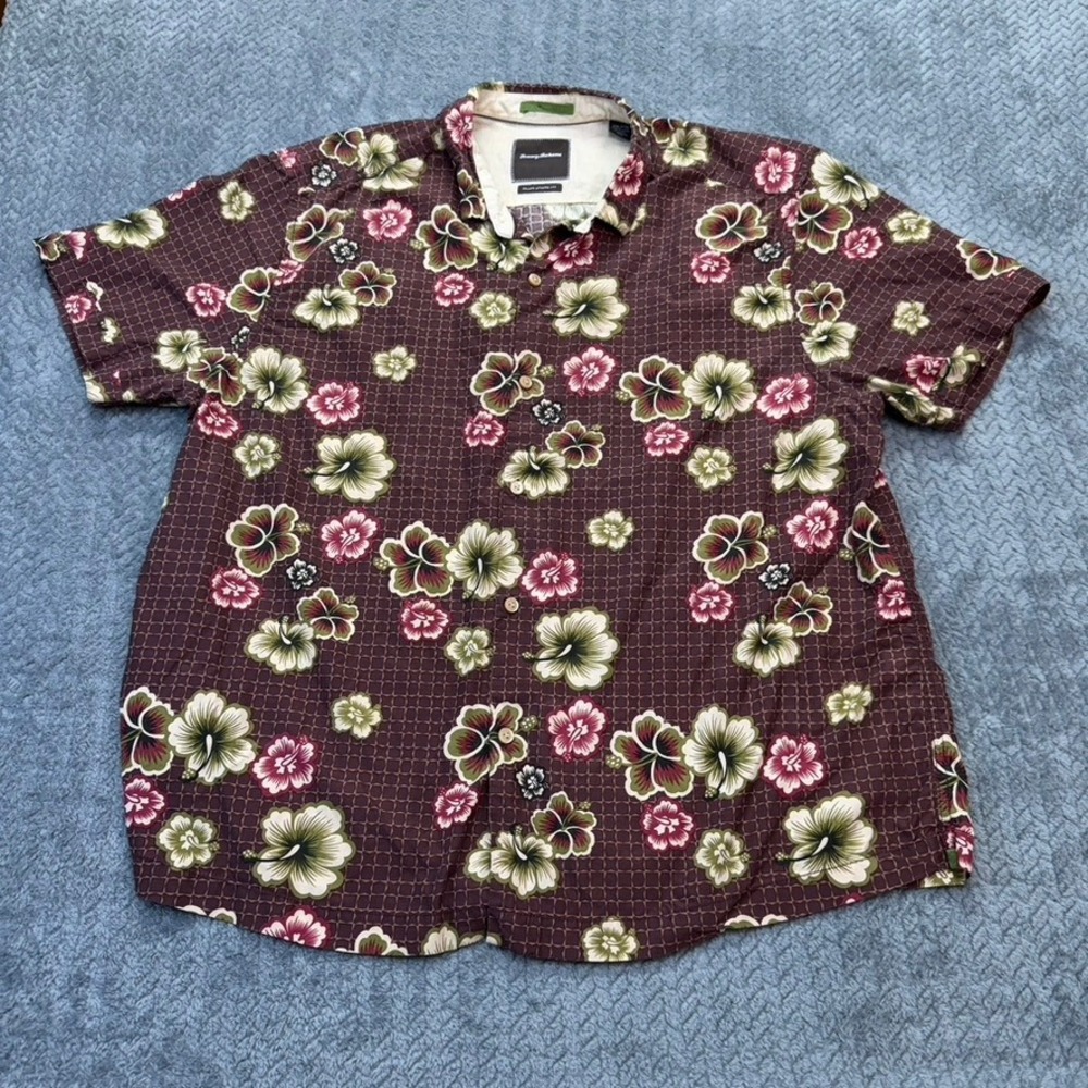 Tommy Bahama Shirt Men XXL Island Modern Fit Floral Silk Blend Burgundy Hibiscus